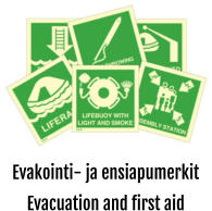 Evakointi- ja ensiapumerkit Evacuation and first aid